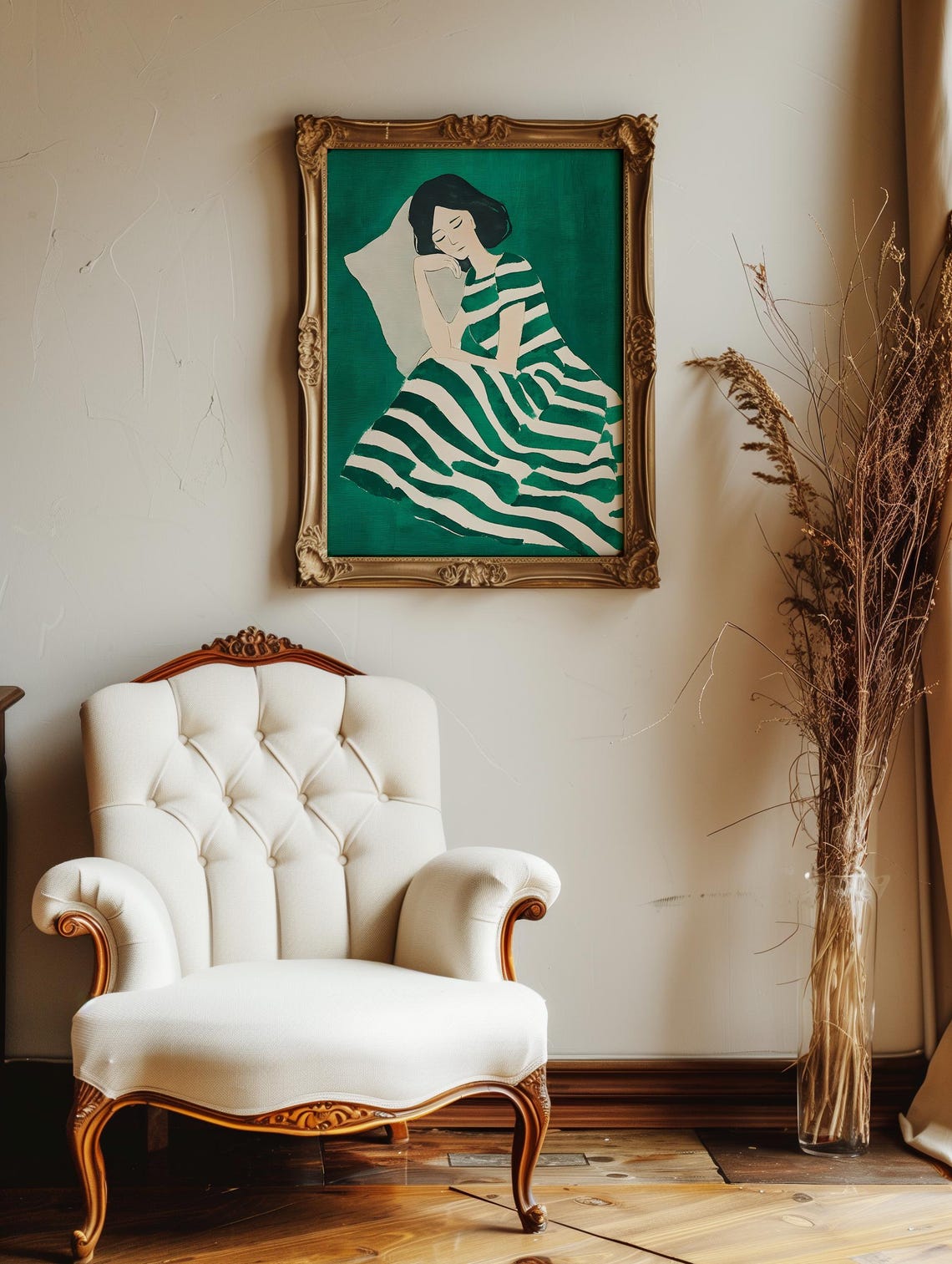 Striped Dress Woman Sleeping Wall Art Minimalist Woman Art Minimalist Girl Poster Emerald Green Wall Decor Cozy Minimalist Poster - Image 2