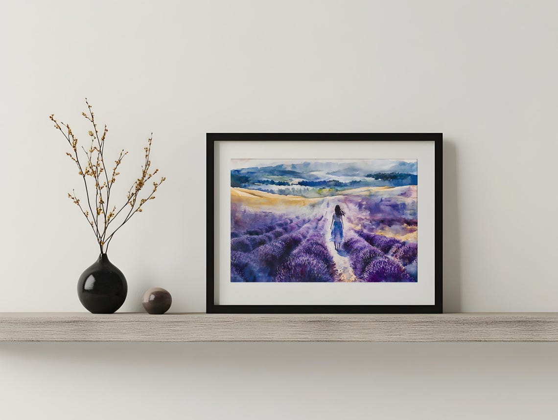 Provence Watercolor Wall Art Woman Walking In Lavender Field Print Lavender Art Lavender Woman Painting Purple Feminist Art - Image 2