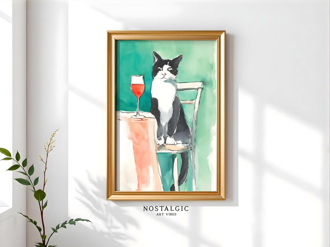 Black And White Cat Portrait, Watercolor Kitchen Poster