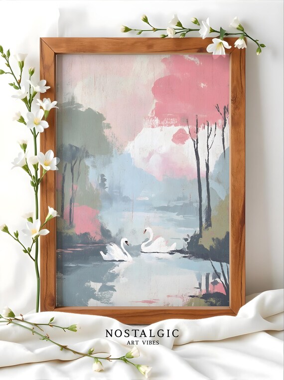 Abstract Lake Swans Painting, Modern Wall Art