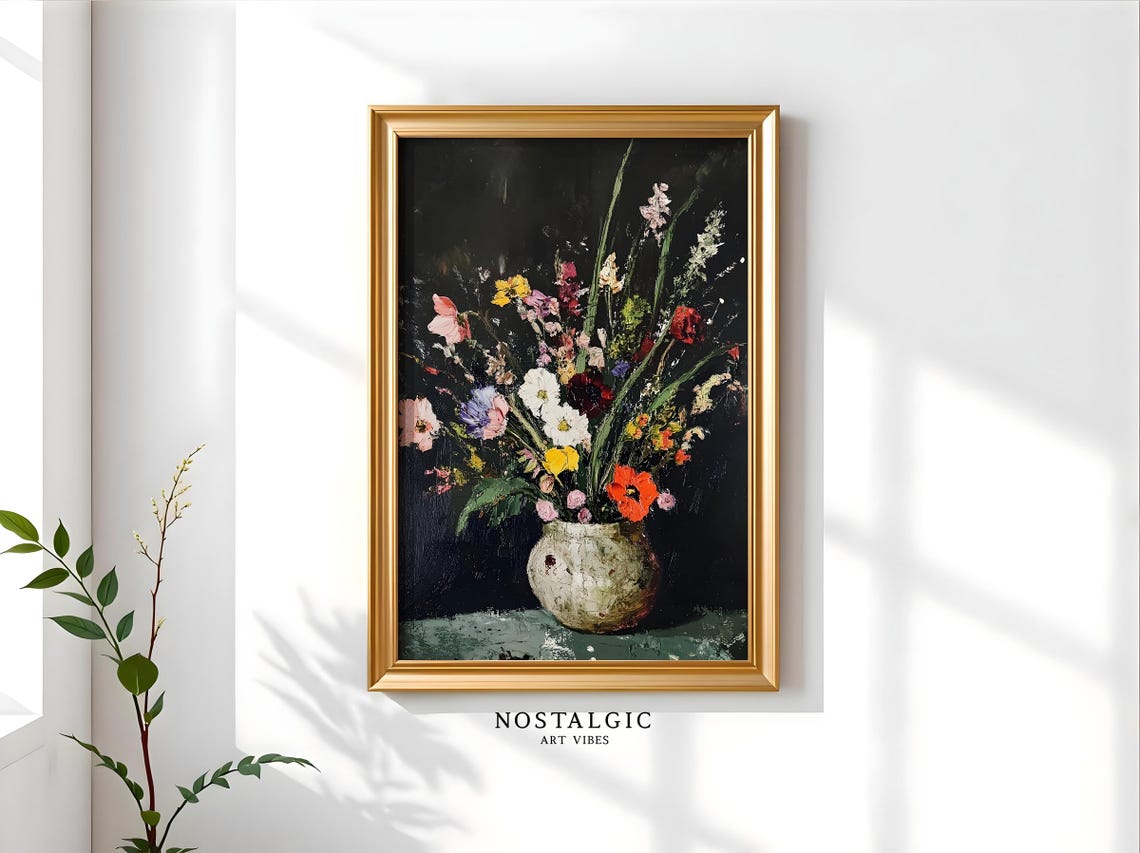 Dark Academia Flower Vase Painting Dark And Moody Wild Flowers Vase Moody Interior Design Painting Wild Flowers Dark Background Painting
