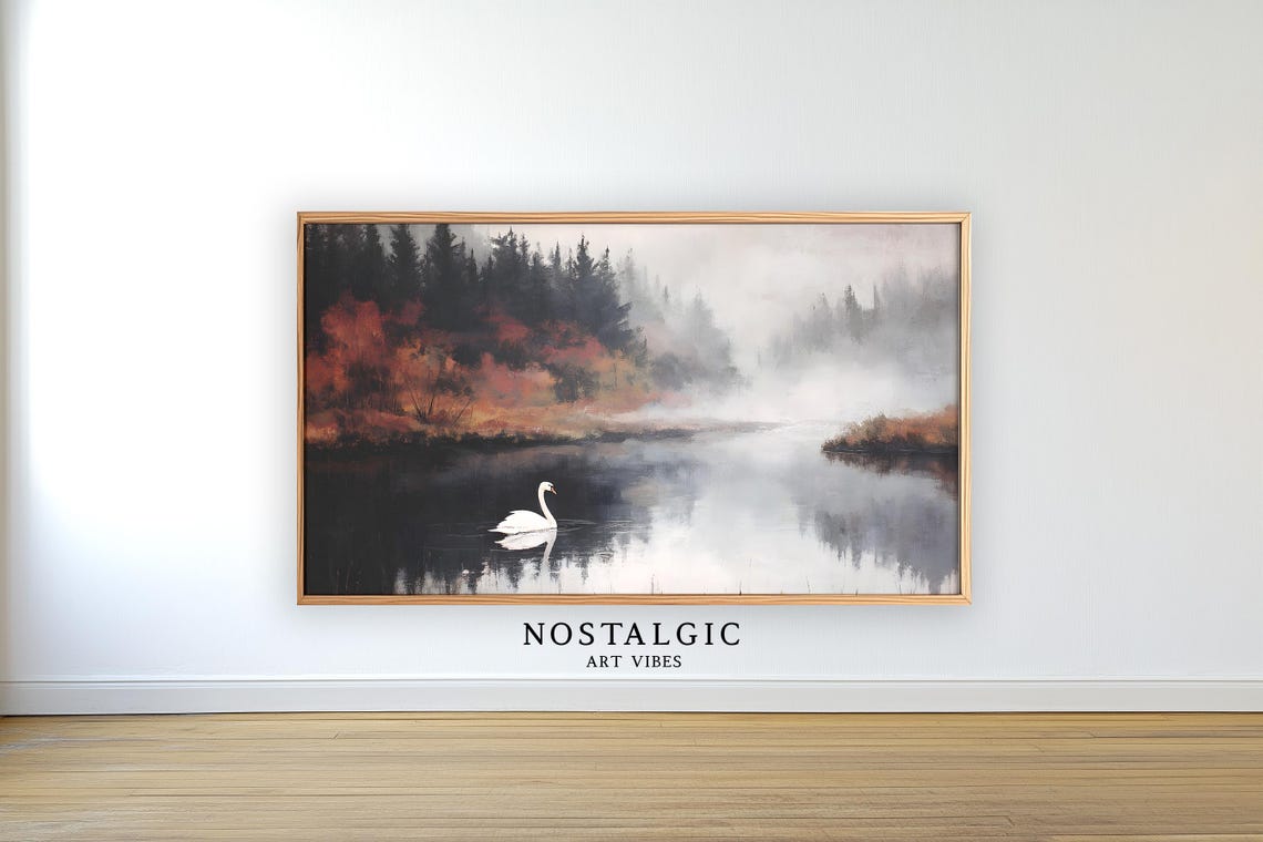 Swan Lake Frame Tv Art Moody Mountain Lake With Swan Tv Art Nostalgic Frame Tv Painting Frame Tv Swan Painting Tv Swan Lake Art