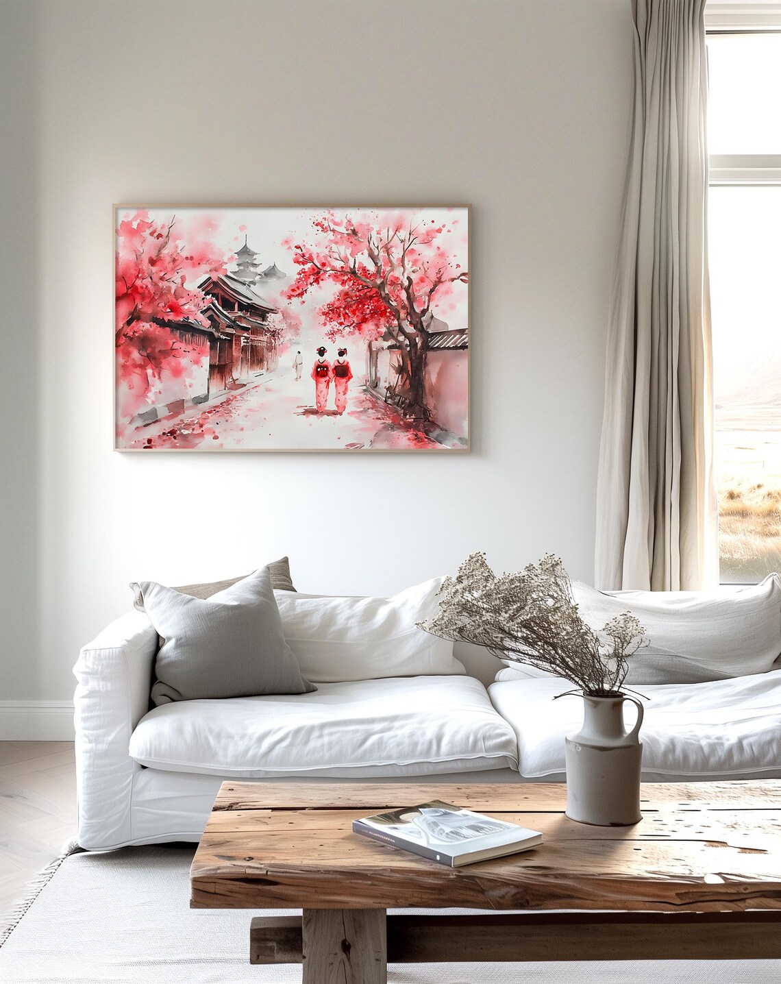 Japanese Watercolor Geisha Cherry Blossom Street Scene - Image 2