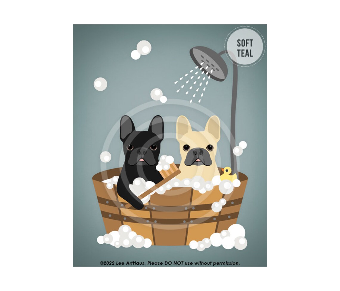 Two French Bulldogs in Wooden Tub Bubble Bath Shower Cute Dog Poster - Image 4