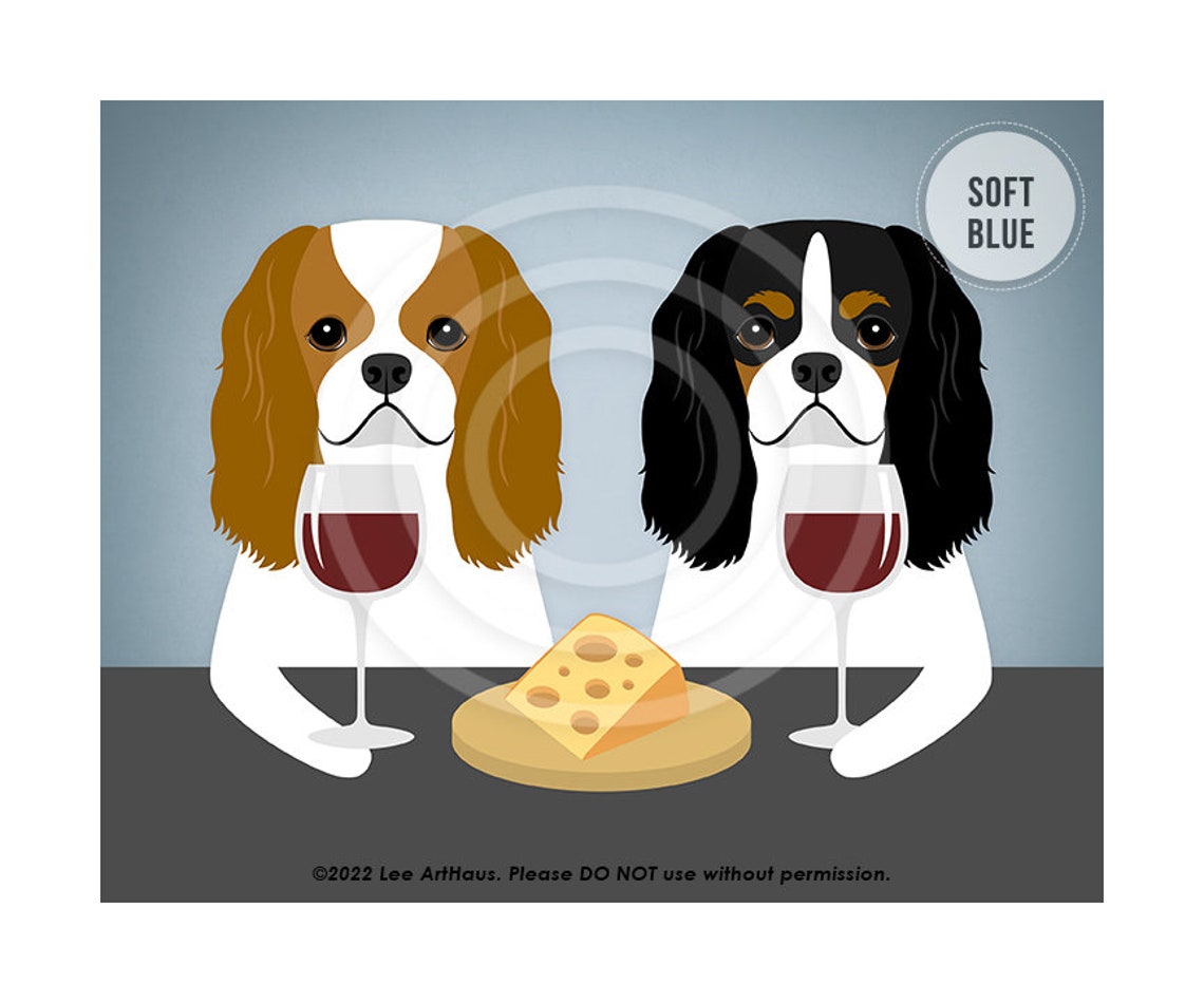 Two Cavalier King Charles Spaniels Sharing Wine and Cheese Poster - Image 2