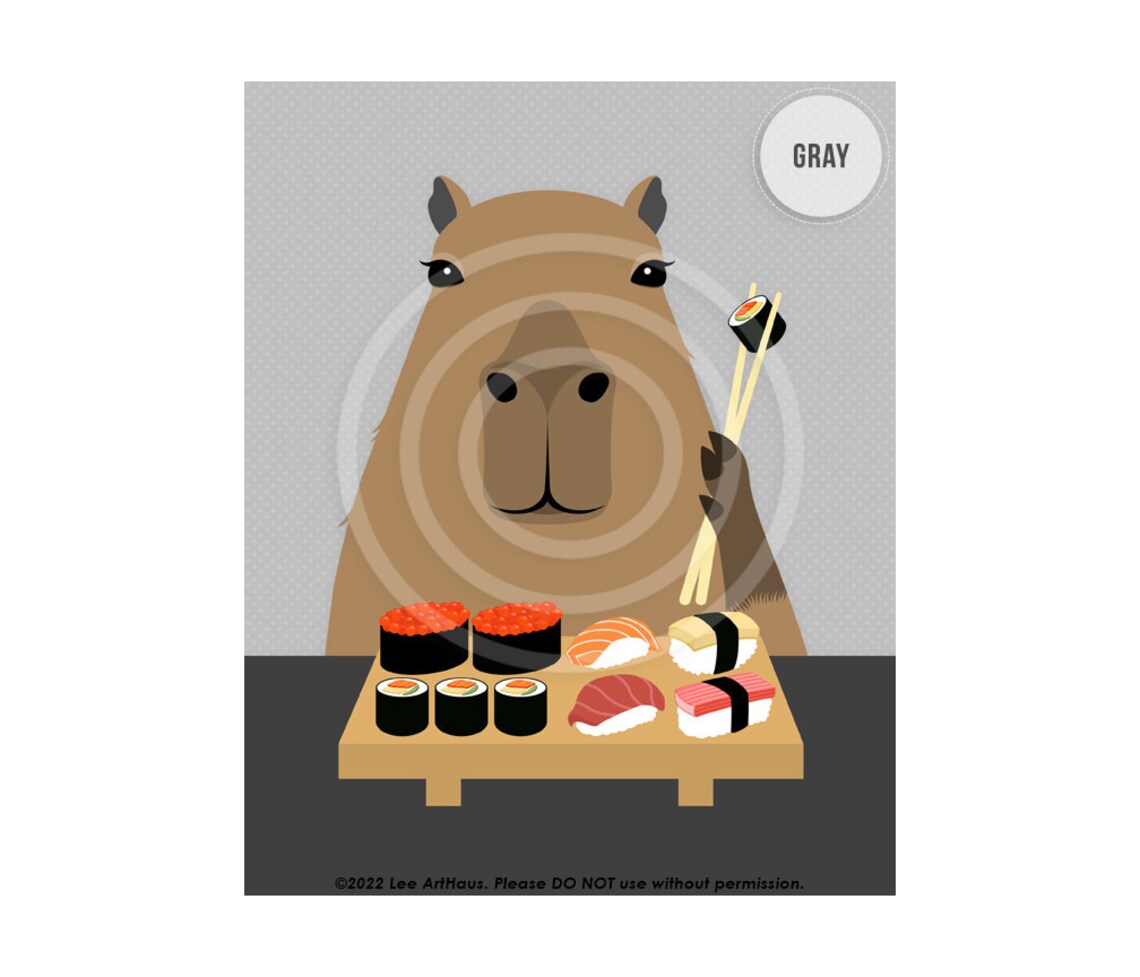 Capybara Eating Sushi With Chopsticks Funny Animal Cartoon Art Poster - Image 4