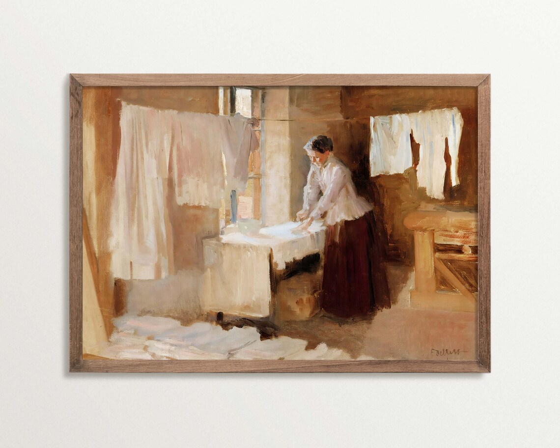 Modern Antique Portrait Painting, Vintage Laundry Room Decor
