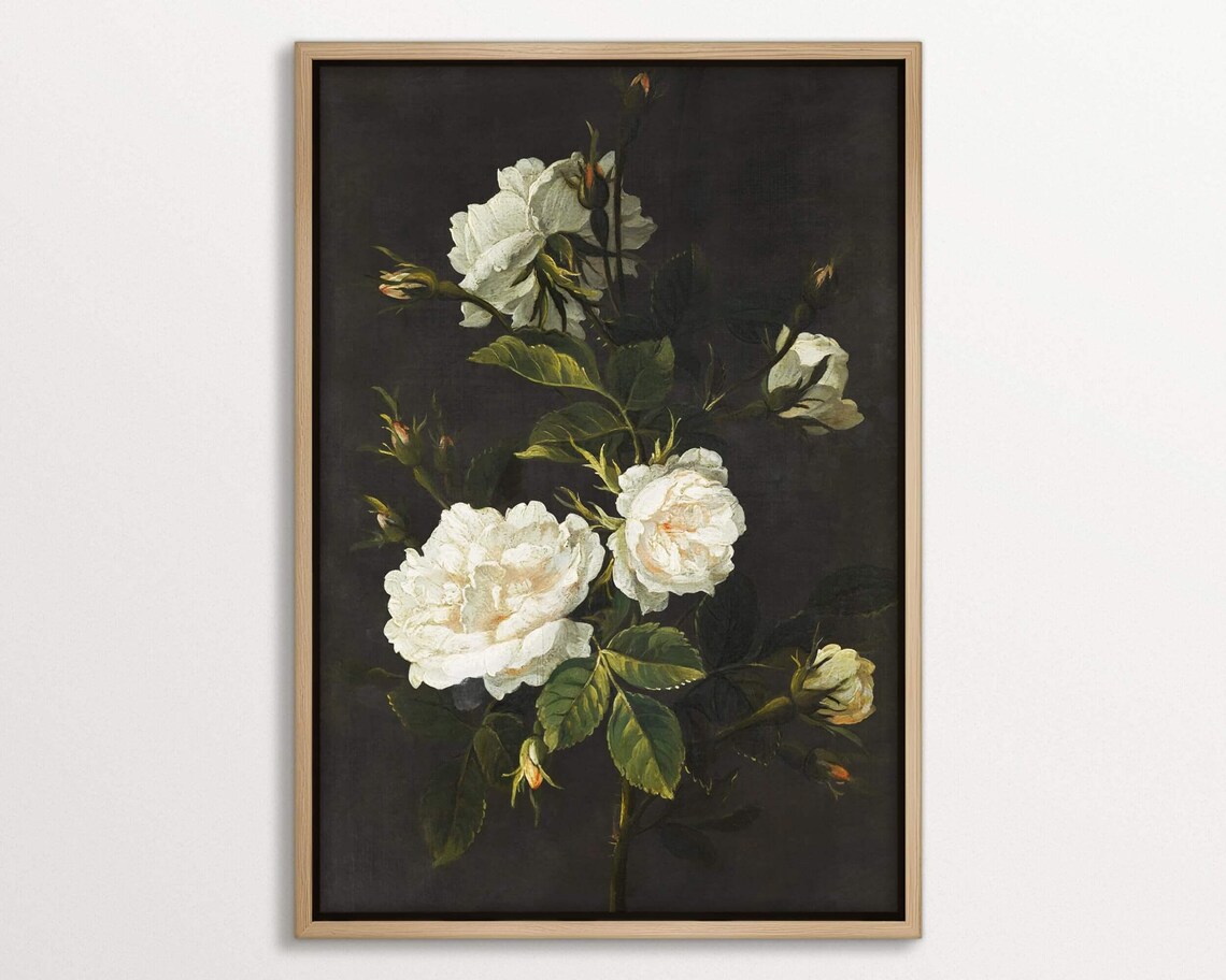 Vintage Dark Botanical Print, Antique Rose Decor