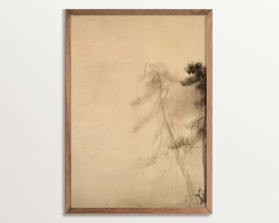 Wabi Sabi Wall Art Vintage Pine Tree Sketch Art Print Minimalist Wall Art