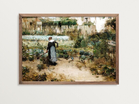 Woman Tending Her Garden Impressionist Vintage Countryside Poster