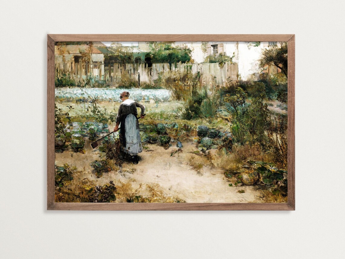 Woman Tending Her Garden Impressionist Vintage Countryside Poster
