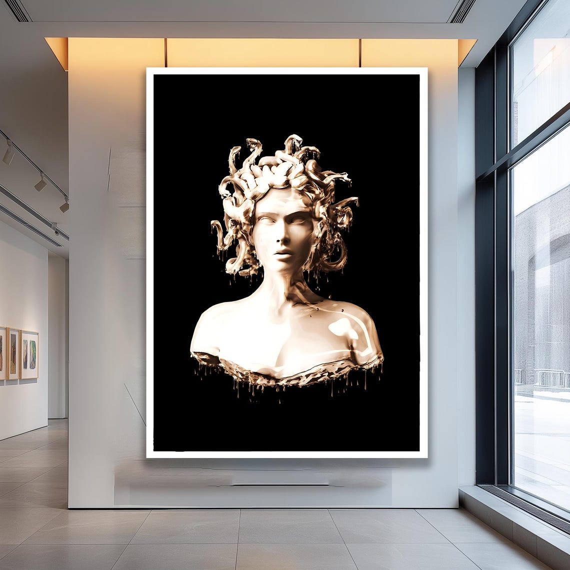 Golden Medusa Bust With Serpent Hair On Black Dramatic Wall Poster