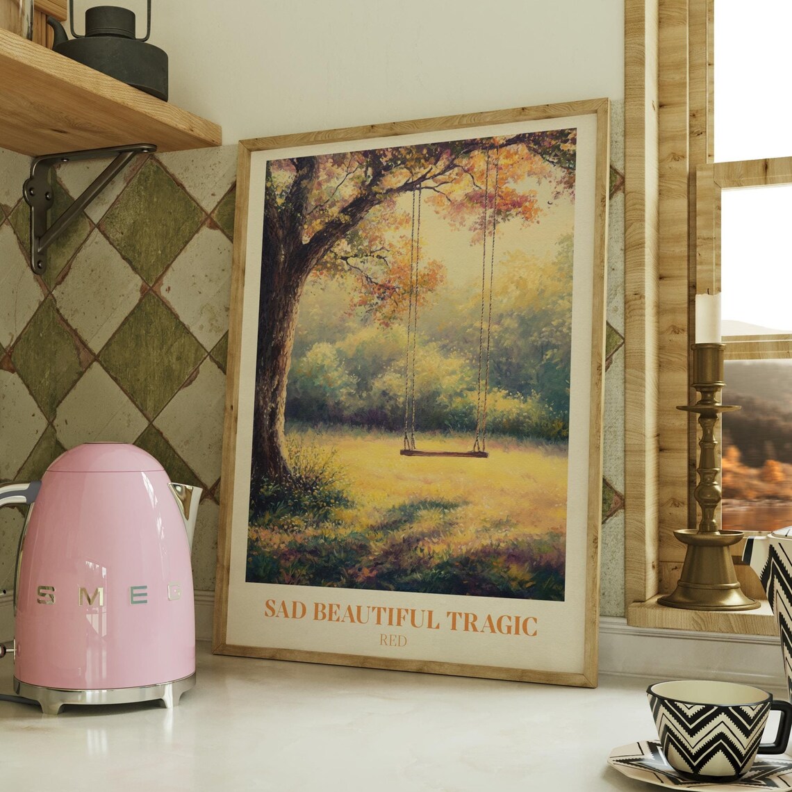 Sad Beautiful Tragic Red Sunset Swing Watercolor Music Lyric Poster