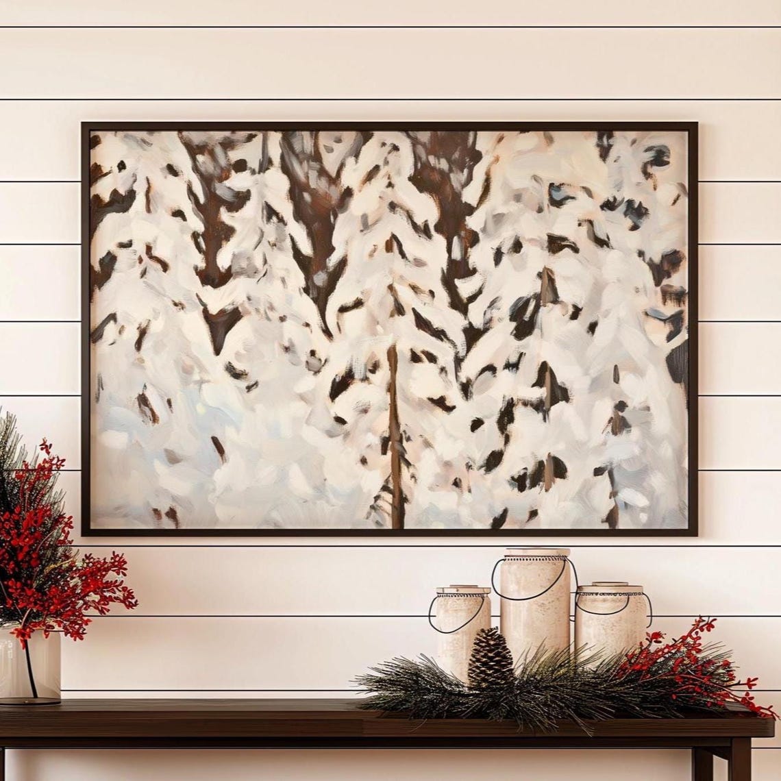 Abstract Snowy Trees Painting Neutral Winter Forest Holiday Poster