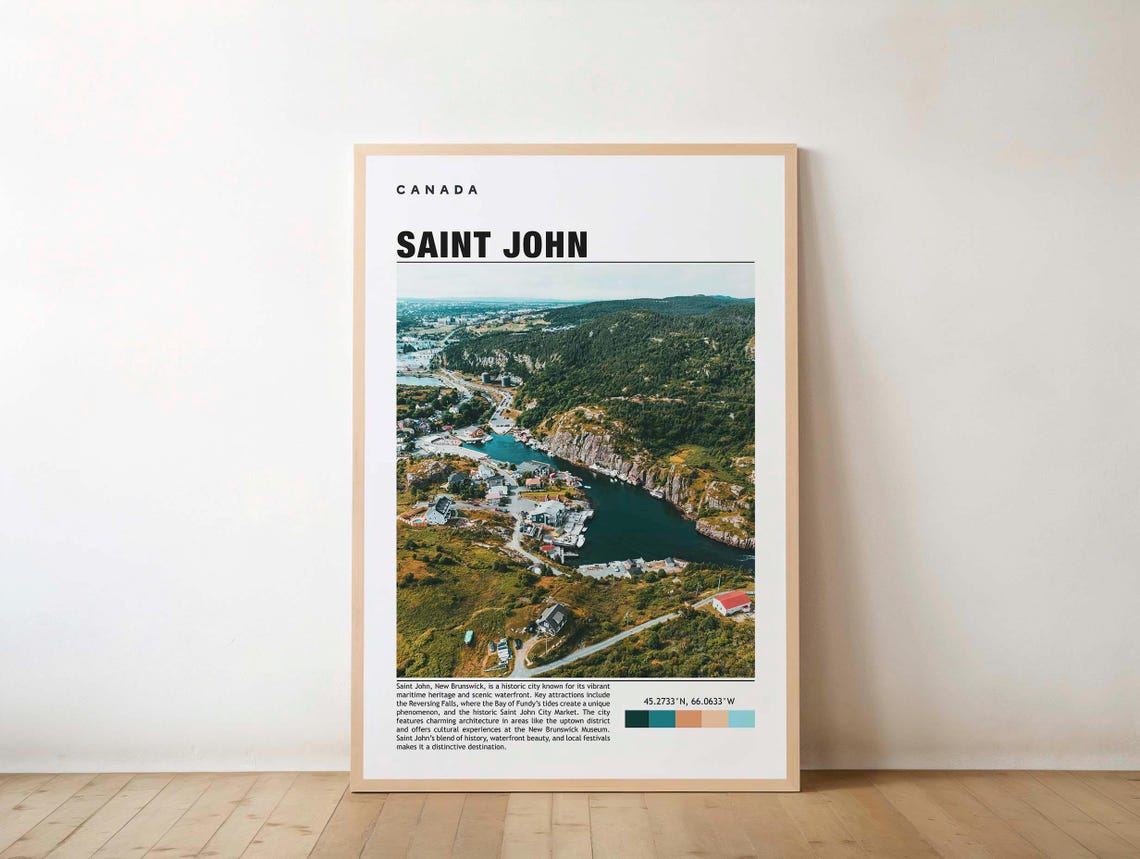 Saint John New Brunswick Canada Travel Poster with Aerial Harbor View