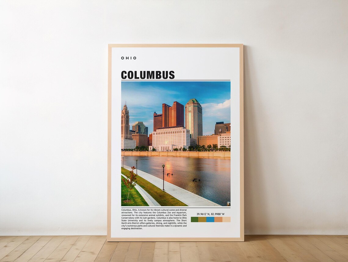 Columbus Ohio Skyline Over the River Sunset Travel Photo Poster