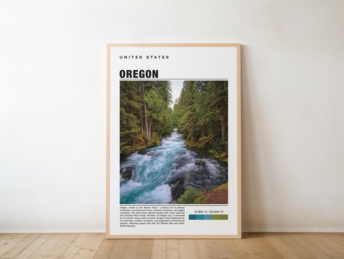 Oregon Evergreen River Landscape Minimalist United States Travel Print