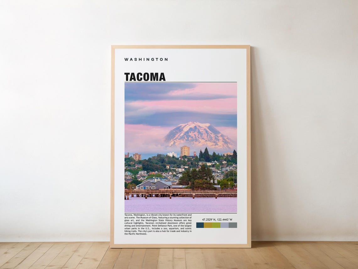 Tacoma Washington Travel Poster Featuring Mount Rainier Skyline