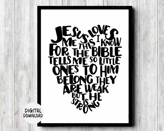 Jesus Loves Me Heart Typography Kids Christian Hymn Art Poster