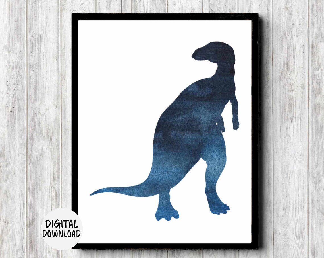 Tyrannosaurus Rex Navy Blue Watercolor Dinosaur Silhouette Kids Print