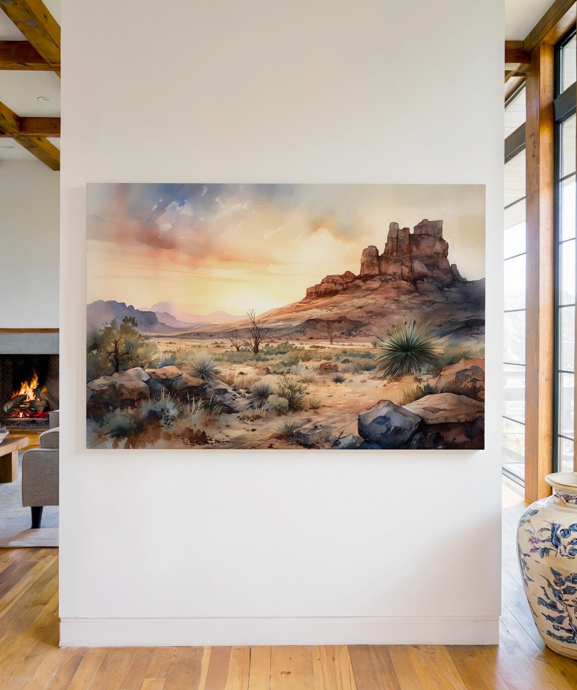 Desert Butte Sunset Watercolor Rocky Landscape Southwest Travel Poster