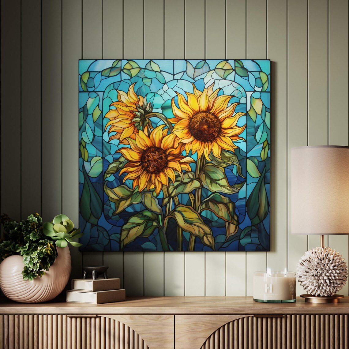 Stained Glass Sunflowers Art Print, Floral Decor