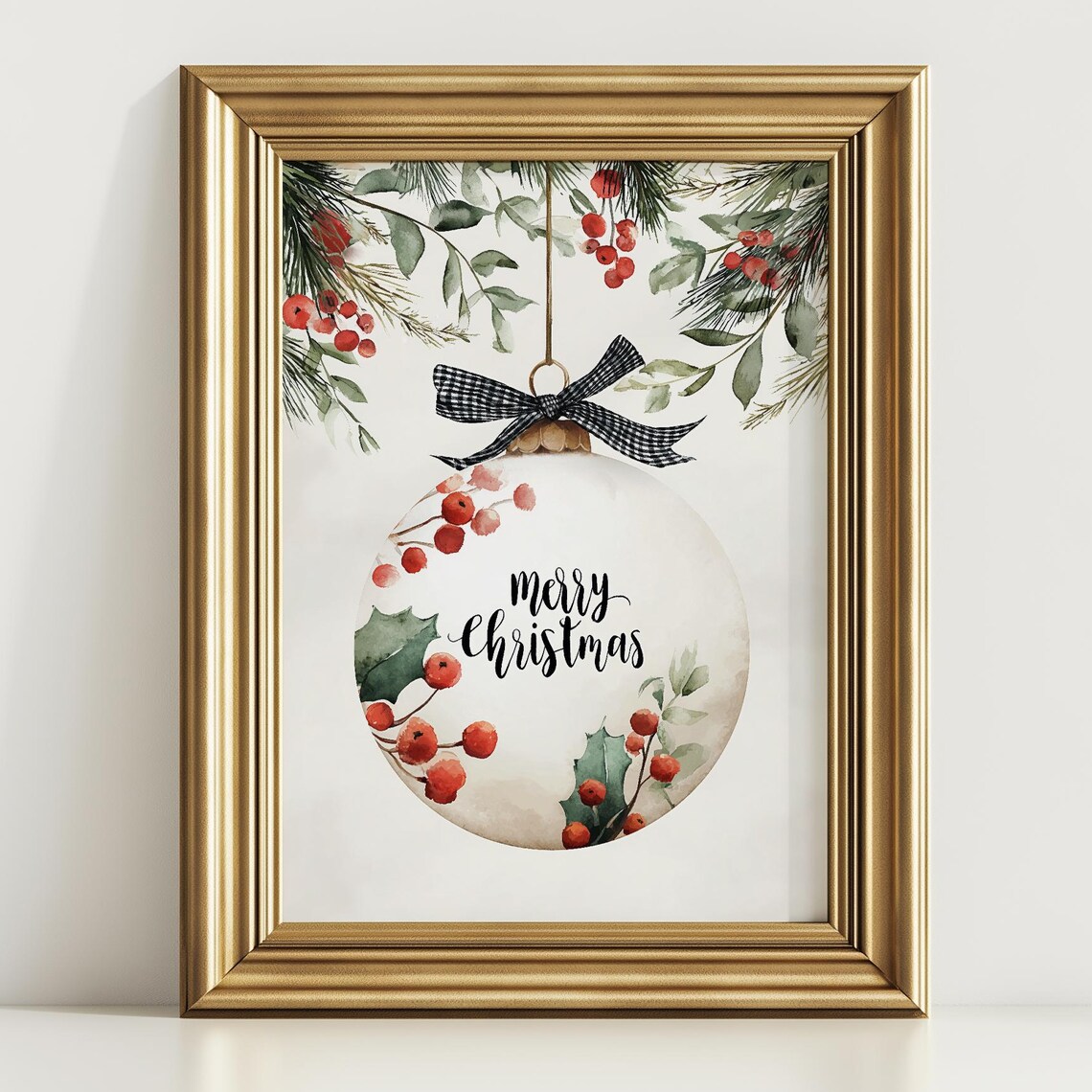 Merry Christmas Bauble Ornament Watercolor Holiday Art Poster