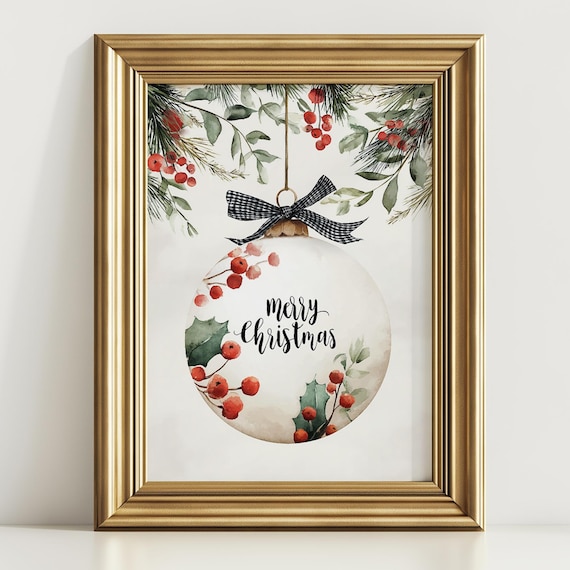 Merry Christmas Bauble Ornament Watercolor Holiday Art Poster
