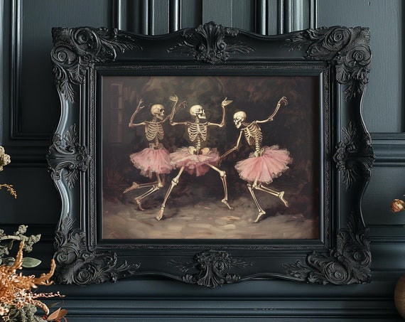 Vintage Girly Halloween Ballerina Skeletons Art Print