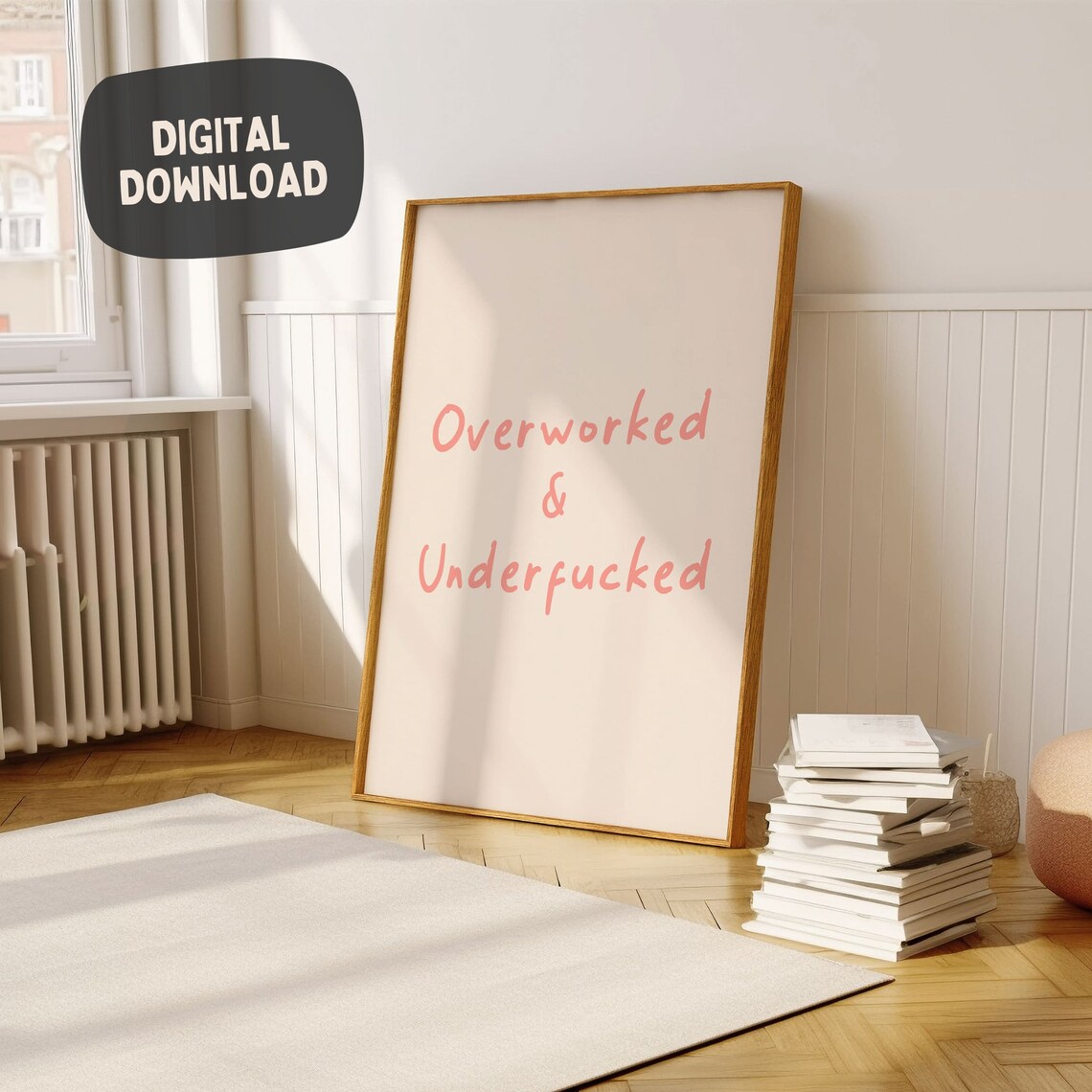 Funny Overworked Underfucked Quote Pink Script Humor Typography Poster Gift