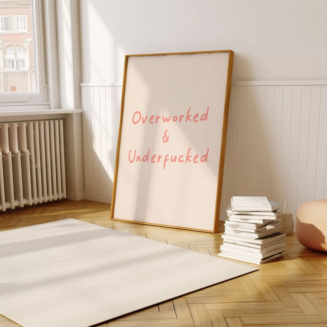 Overworked And Underfucked Funny Work Quote Pink Handwritten Typography Poster - Image 3