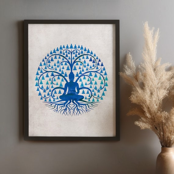 Blue Buddha Tree Of Life Wall Art Yoga Tree Poster Tree Of Life Poster Yoga Gift Buddha Print Buddha Wall Art Yoga Studio Buddhist Art