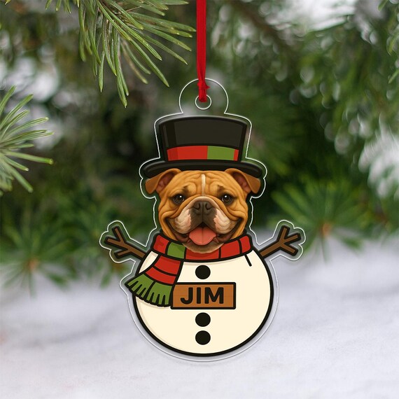 Personalized English Bulldog Snowman Christmas Ornament Poster