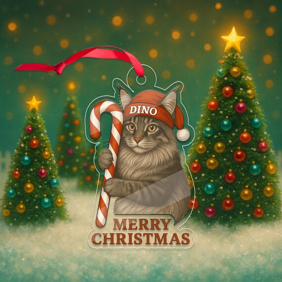 Personalized Cat Santa Hat Candy Cane Merry Christmas Ornament Poster