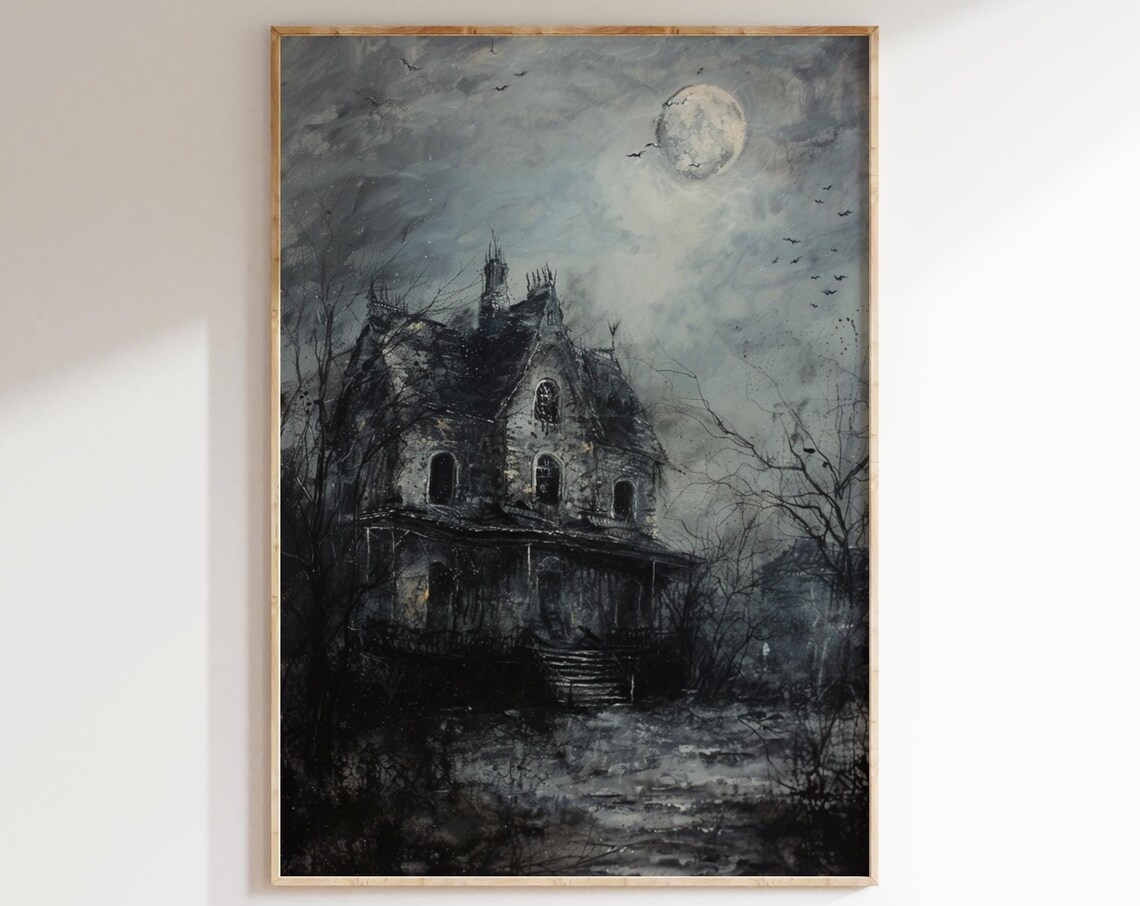 Haunted House Full Moon Bats Spooky Gothic Victorian Mansion Halloween Art Print