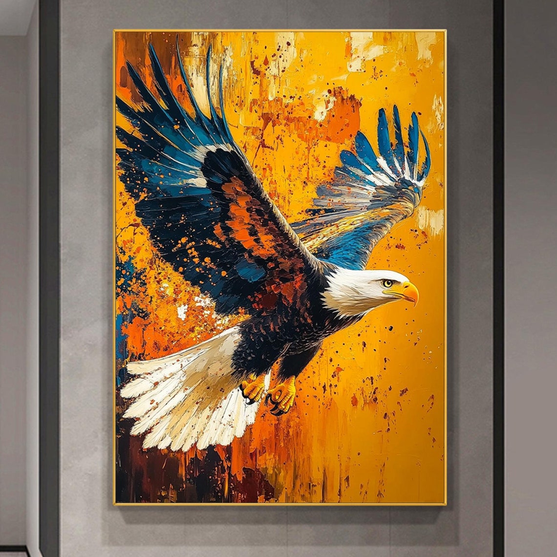 Bald Eagle Diving Colorful Wings Orange Abstract Painting Poster