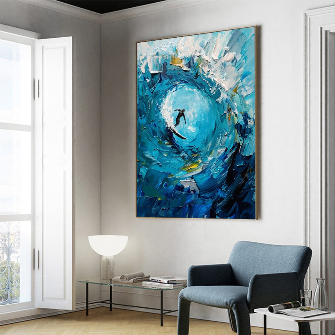 Bold Surfer Riding Deep Inside a Towering Blue Ocean Wave Poster - Image 5