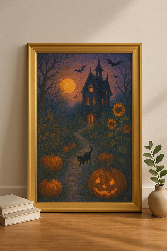 Halloween Pumpkin Path Wall Art Haunted House Print Black Cat Decor Cozy Fall Spooky Autumn