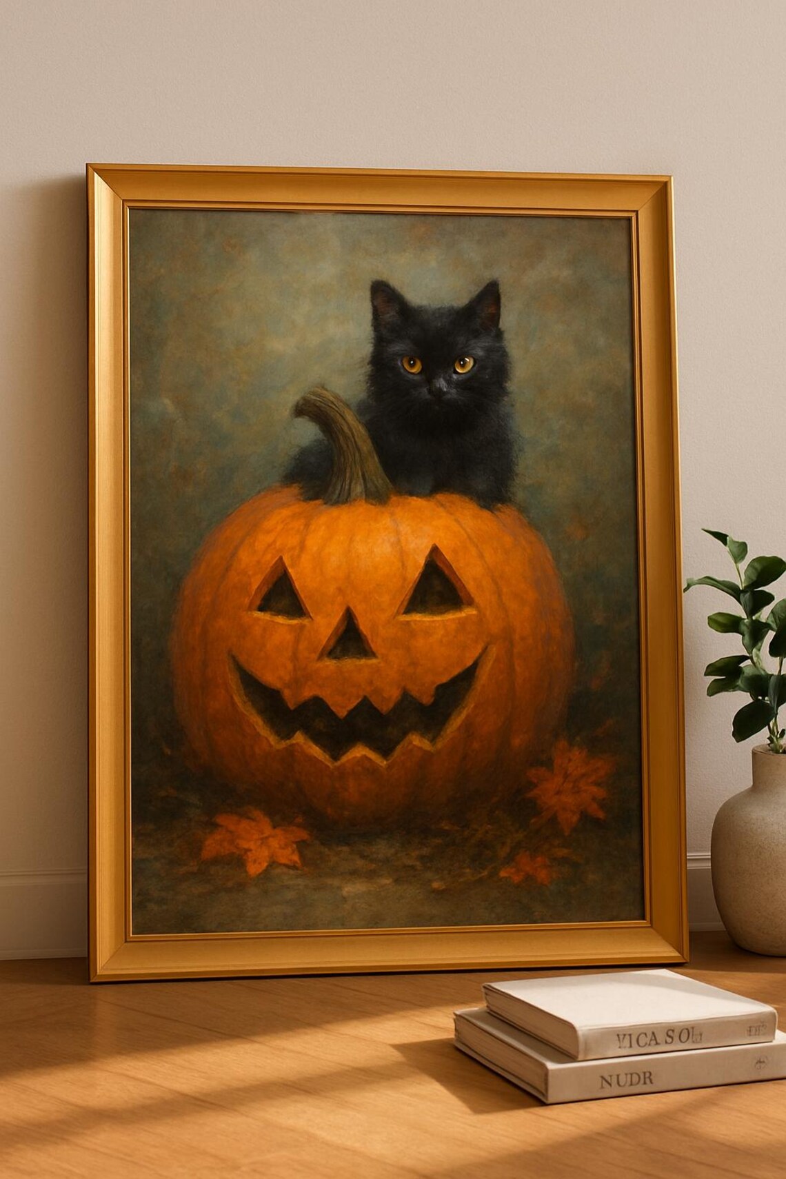Halloween Cat Wall Art Fall Pumpkin Print Black Decor Autumn Cozy