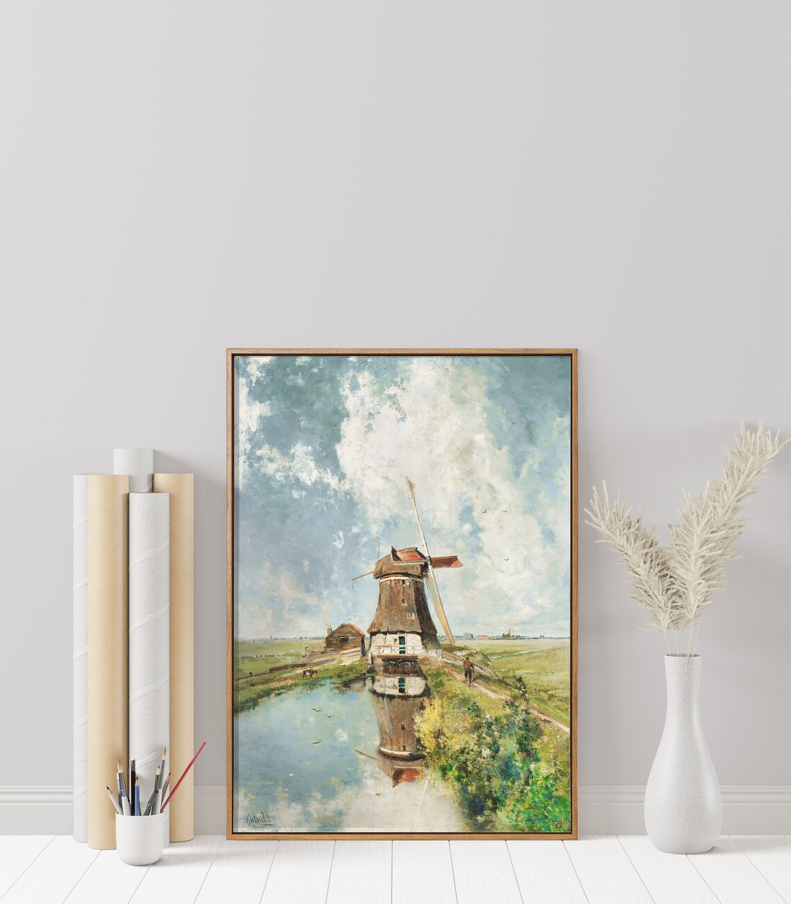 Dutch Windmill Landscape Art Print, Oil Painting - Image 3