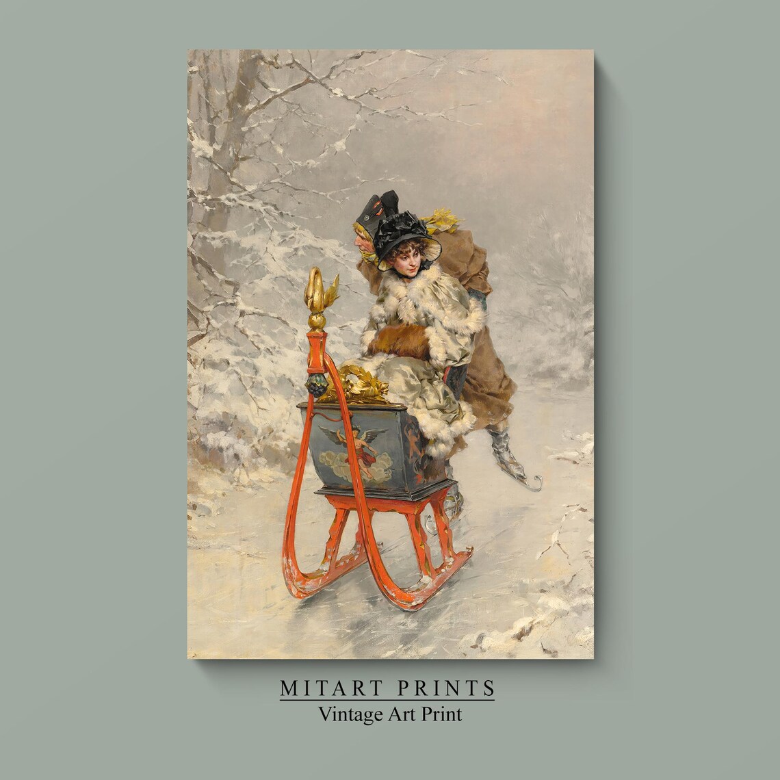 Romantic Winter Sleigh Ride Couple Vintage Oil Painting Art Print - Image 4