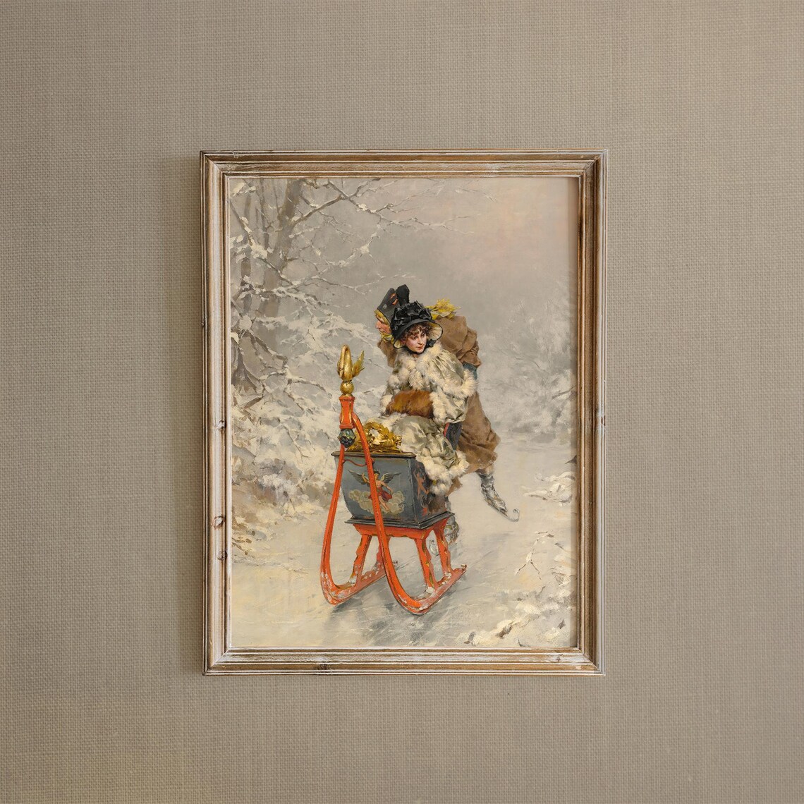 Romantic Winter Sleigh Ride Couple Vintage Oil Painting Art Print - Image 3