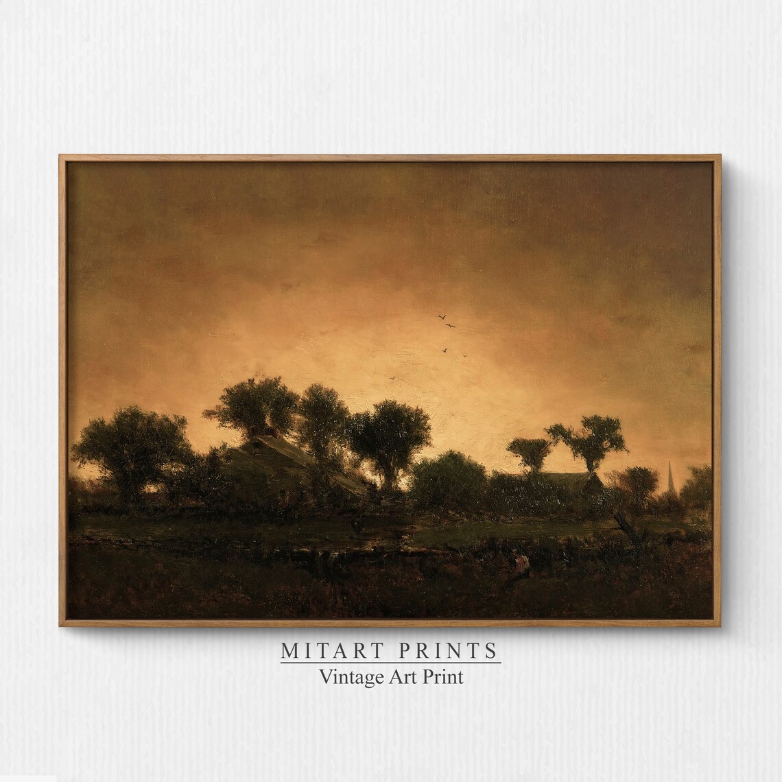 Vintage Golden Sunset Over Rural Field Birds Tree Line Painting Poster
