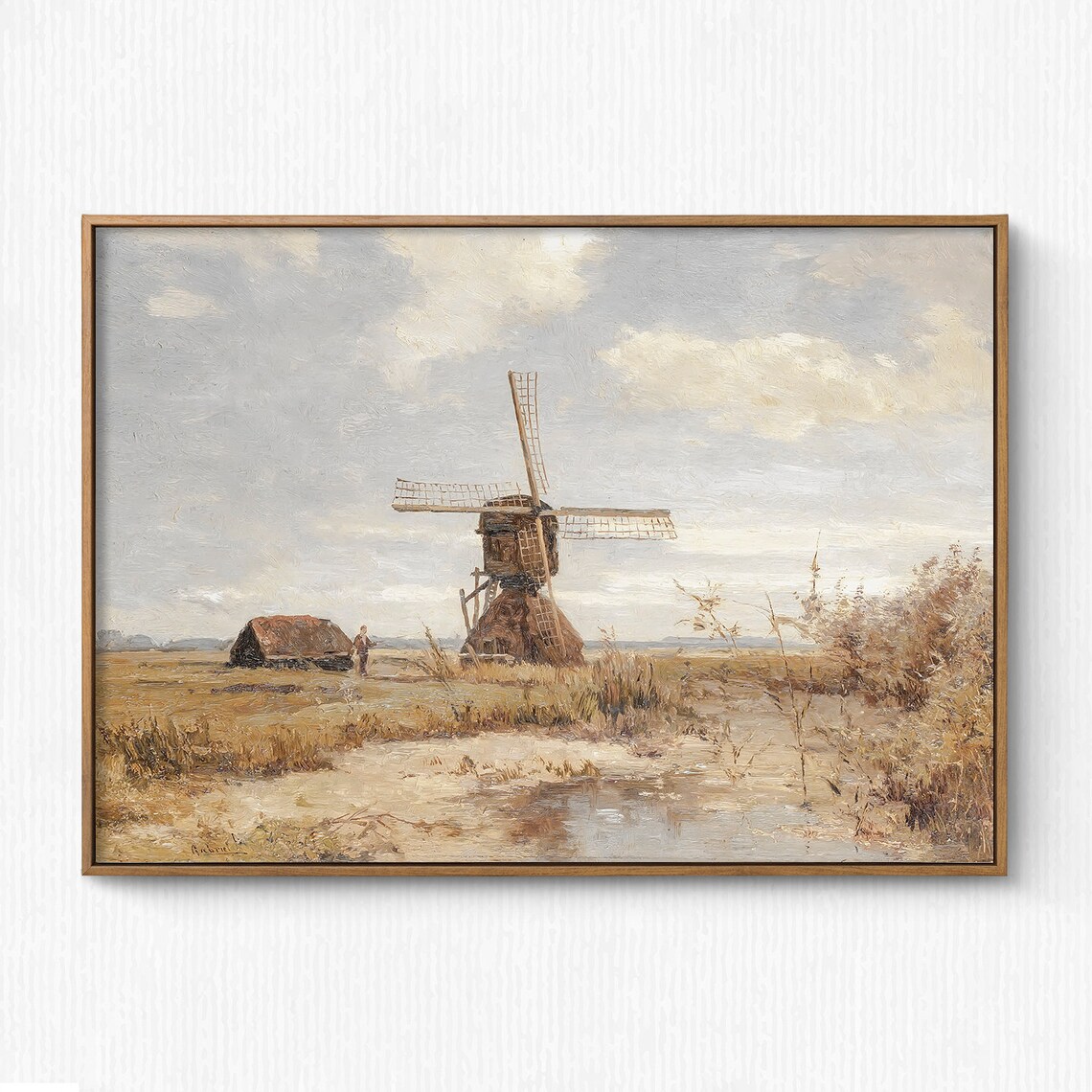 Dutch Windmill Landscape Painting, Vintage Art Print