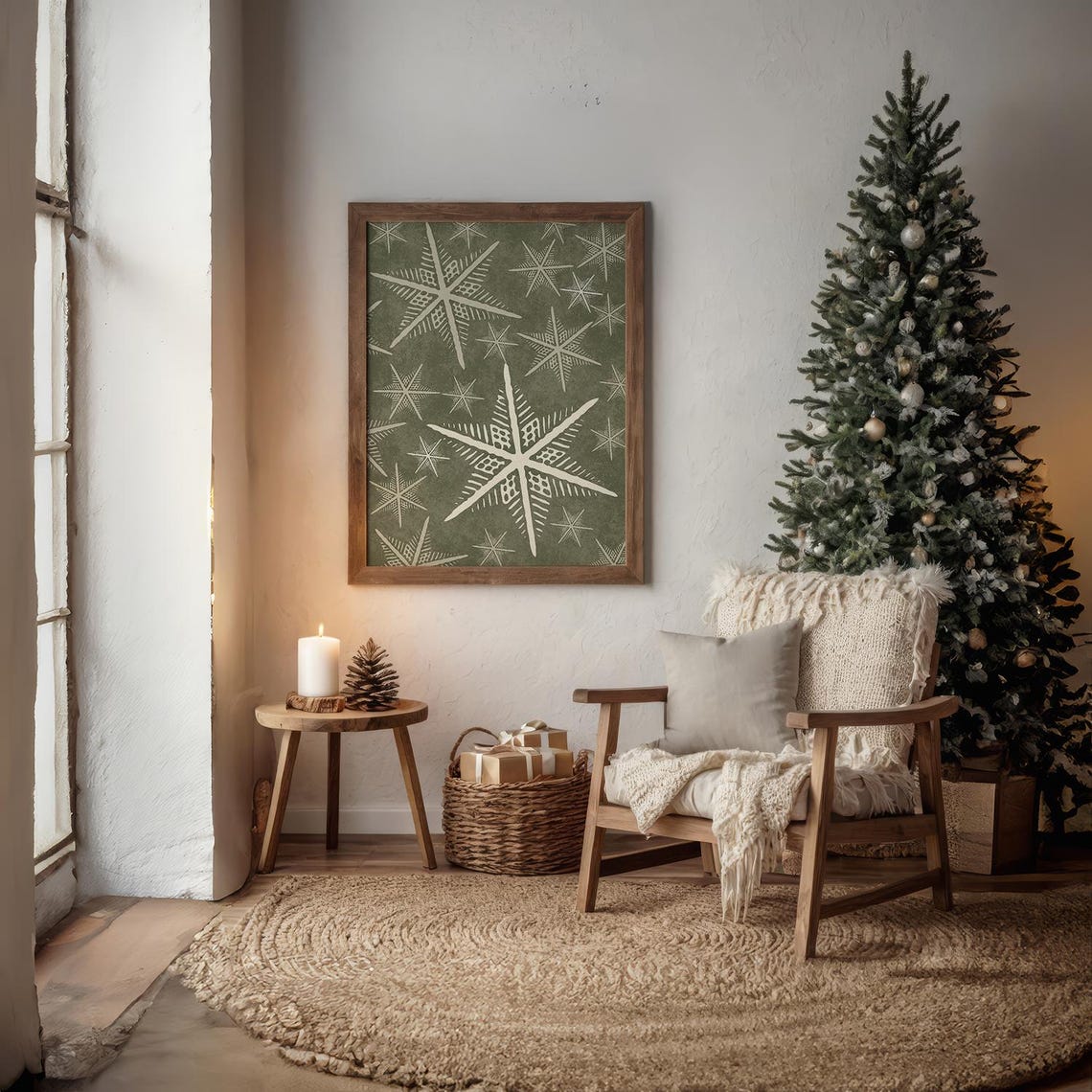 Vintage Sage Green Star and Snowflake Pattern Christmas Wall Art - Image 5