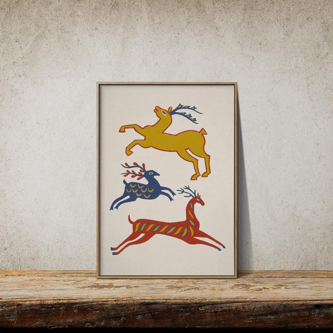 Colorful Leaping Reindeer Folk Art Scandinavian Christmas Art Print - Image 2