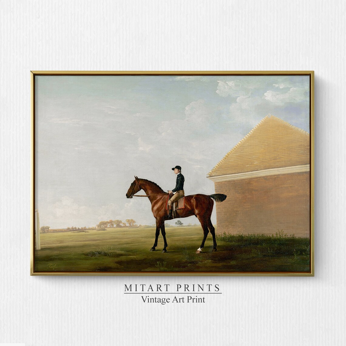 Vintage Equestrian Painting Jockey on Bay Horse by Stable Poster