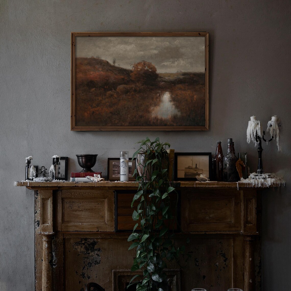 Moody Autumn Marsh Landscape Dark Vintage Oil Painting Art Print - Image 3