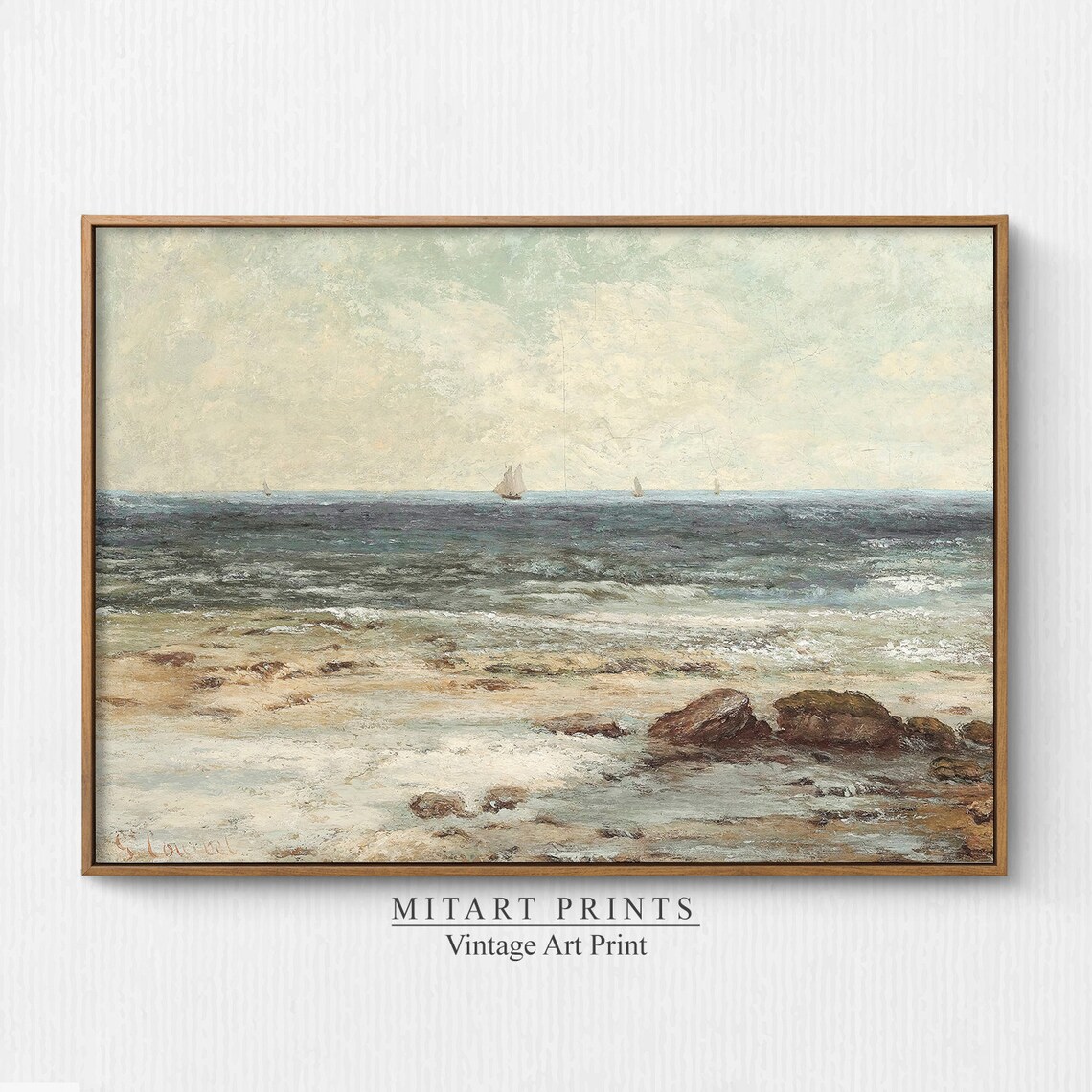 Vintage Coastal Seascape With Sailboat Art Print