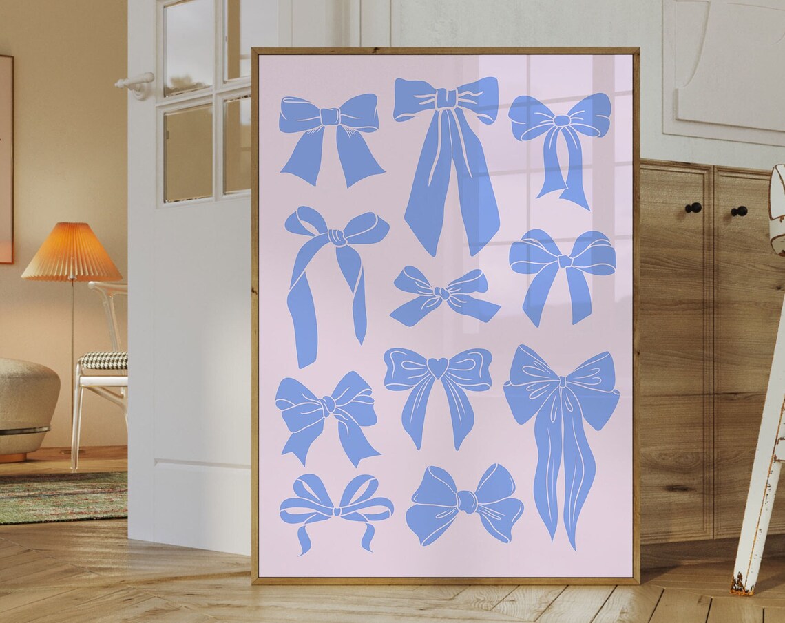 Blue Ribbon Bows Collage Minimalist Coquette Aesthetic Poster - Image 3